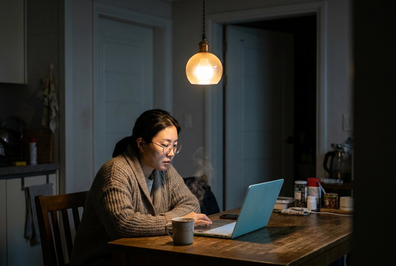 밤 늦은 주방, 스탠드 불빛 아래에서 노트북을 들여다보는 엄마
